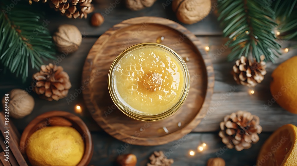 Overhead view of honey in glass on wooden platter, surrounded by winter decor Overhead view of honey in glass on wooden platter, surrounded by winter decor