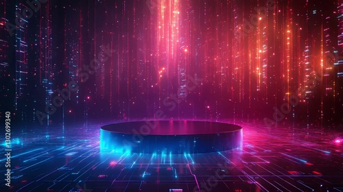 Wallpaper Mural Empty podium in the center of a digital grid, with holographic projections, glowing data streams, and a futuristic atmosphere  Torontodigital.ca