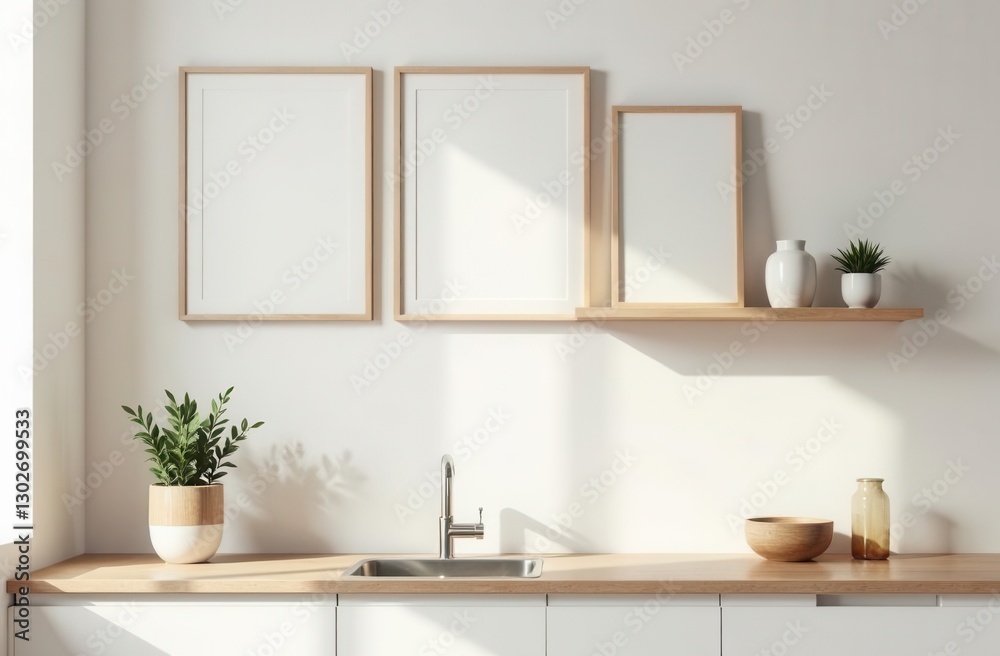 Fototapeta premium Minimalist kitchen interior with wooden decor and plants in bright sunlight