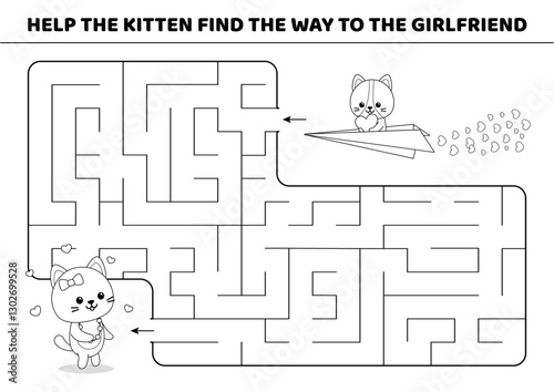 Black and white maze. Help the kitten find the way to the girlfriend. Maze game for kids. labyrinth. Isolated vector illustration eps 10