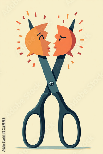 Communication Breakdown Symbolized by Speech Bubble Severed by Giant Scissors