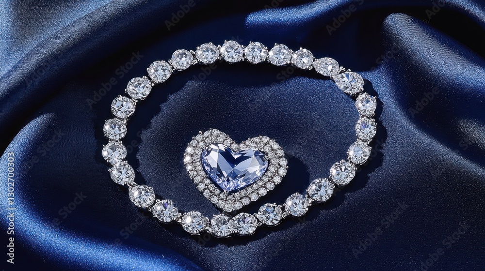 Obraz premium Delicate heart-shaped diamond bracelet lying on a deep sapphire blue backdrop.