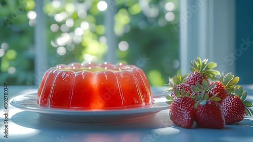 Red jello dessert on plate with strawberries sits on table by window for food