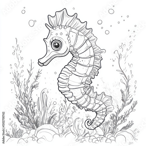 a cute cartoon seahorse, line drawing, colouring book