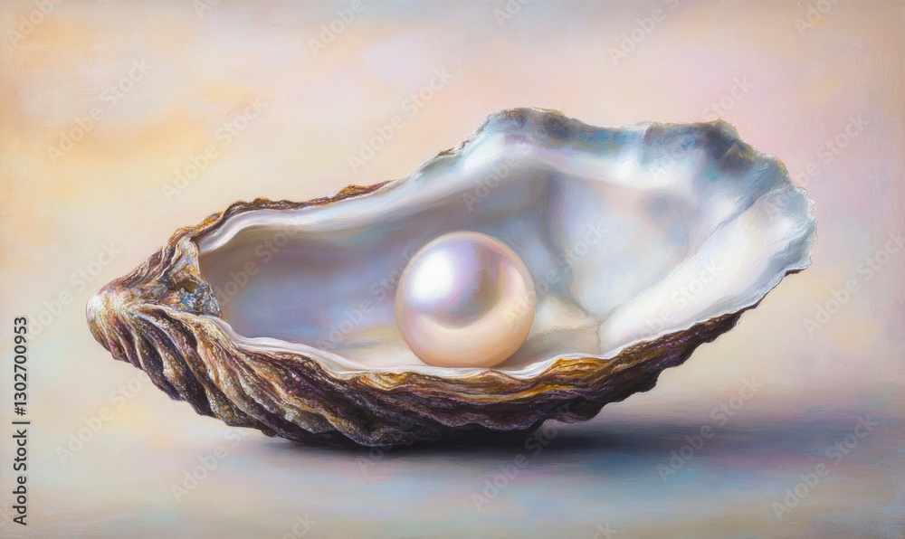 pearl nestled in an oyster shell, set against a soft pastel background with gentle lighting to highlight its iridescent sheen and delicate texture pearl nestled in an oyster shell, set against a soft pastel background with gentle lighting to highlight its iridescent sheen and delicate texture