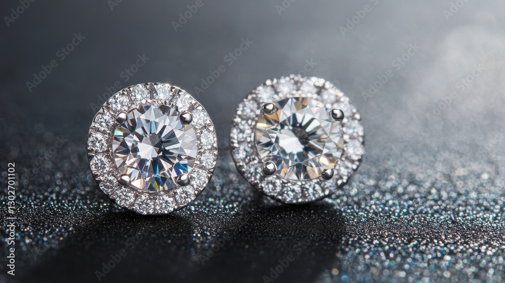 Luxurious halo diamond stud earrings resting on a smooth black surface. Luxurious halo diamond stud earrings resting on a smooth black surface.