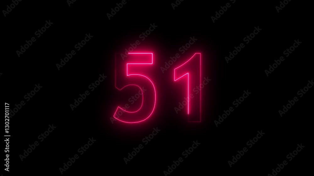 Abstract glowing neon text 51 number countdown icon. Educational mathematics 51 animation on black background. Abstract glowing neon text 51 number countdown icon. Educational mathematics 51 animation on black background.