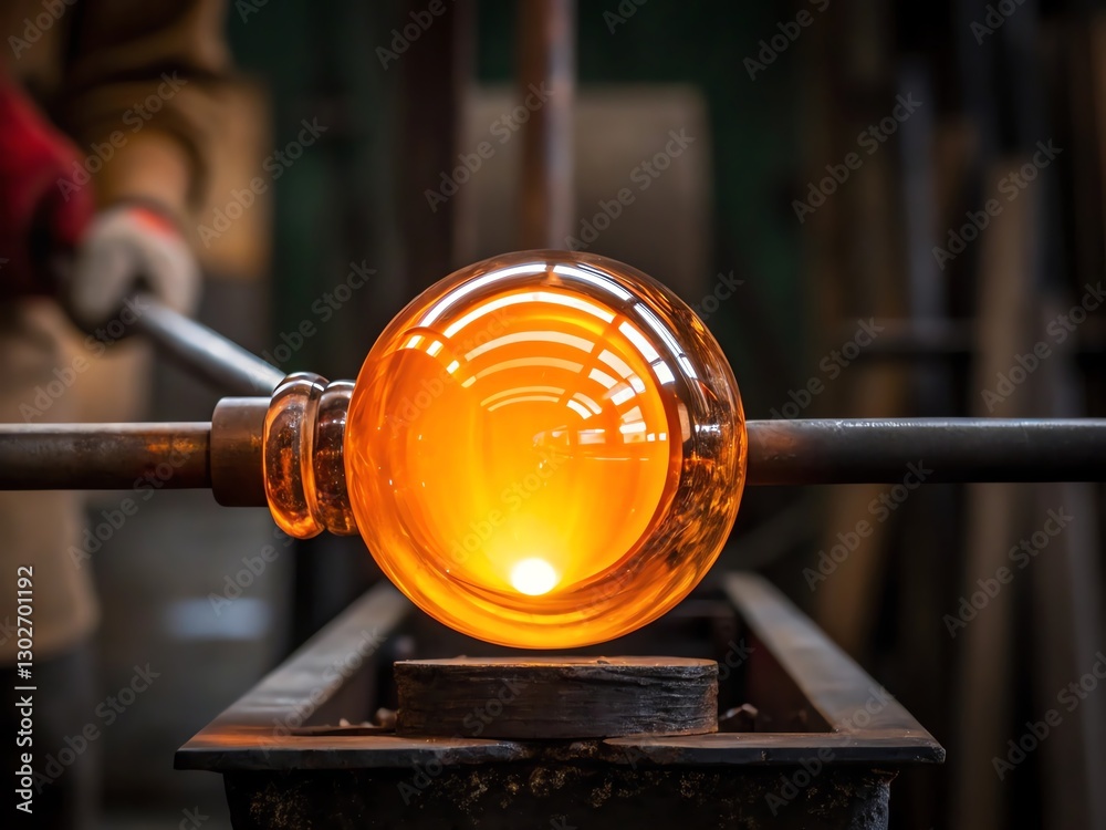 A glowing molten glass sphere on a metal rod in an artisan workshop.