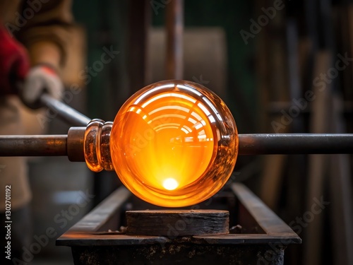 Obraz na płótnie A glowing molten glass sphere on a metal rod in an artisan workshop. w salonie
