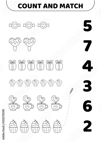 Black and white game whith sweets. Count and match. Counting game. Educational preschool game for kids. Isolated vector illustration eps 10