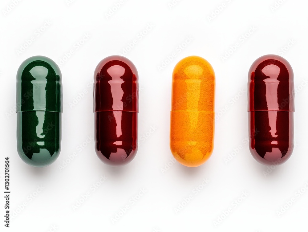 Four glossy pharmaceutical capsules in different colors arranged in a row on a clean white surface symbolizing modern medicine pharmacology and prescription drug treatment in a conceptual stock image Four glossy pharmaceutical capsules in different colors arranged in a row on a clean white surface symbolizing modern medicine pharmacology and prescription drug treatment in a conceptual stock image