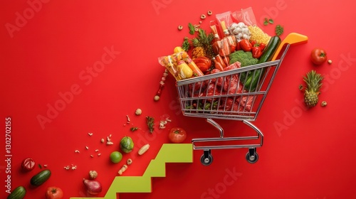 Graphic art of a shopping cart loaded with groceries climbing an upward-pointing flight of arrows, depicting rising price growth and increasing demand and increased sales