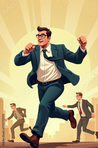 Determined Businessman Leading the Pack in Competitive Business Race