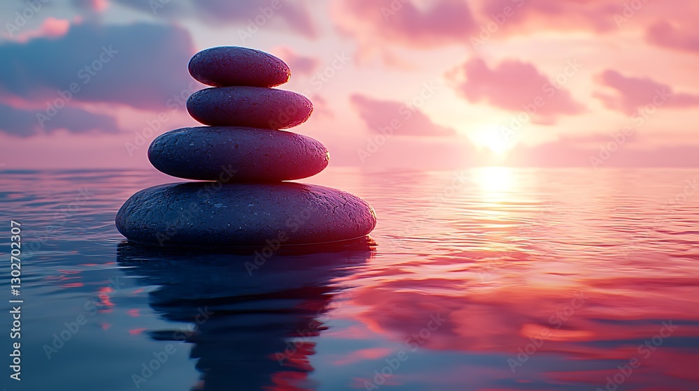 Stacked stones on water at sunset for wellness or meditation use with soft clouds Stacked stones on water at sunset for wellness or meditation use with soft clouds