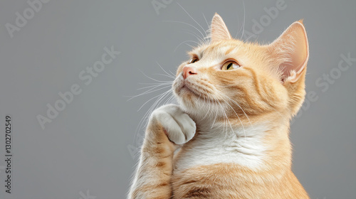 A thoughtful orange cat rests its chin on its paw, gazing upward against a neutral gray backdrop.