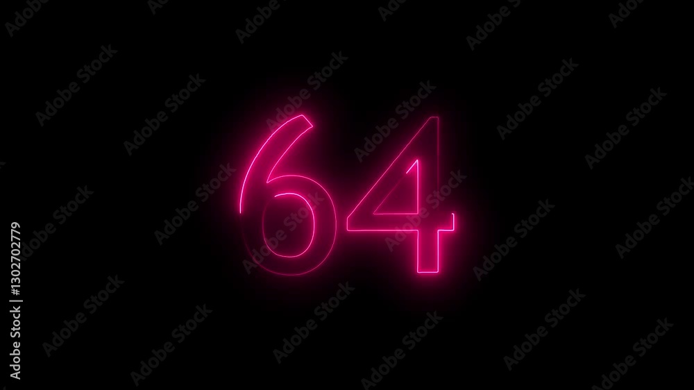 Abstract glowing neon text 64 number countdown icon. Educational mathematics 64 animation on black background. Abstract glowing neon text 64 number countdown icon. Educational mathematics 64 animation on black background.