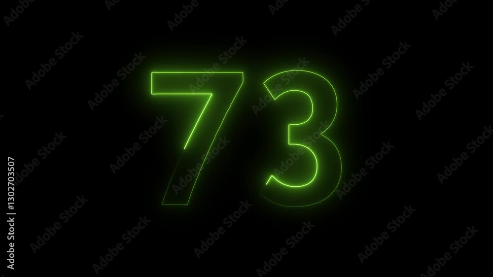 Abstract glowing neon text 73 number countdown icon. Educational mathematics 73 animation on black background.
