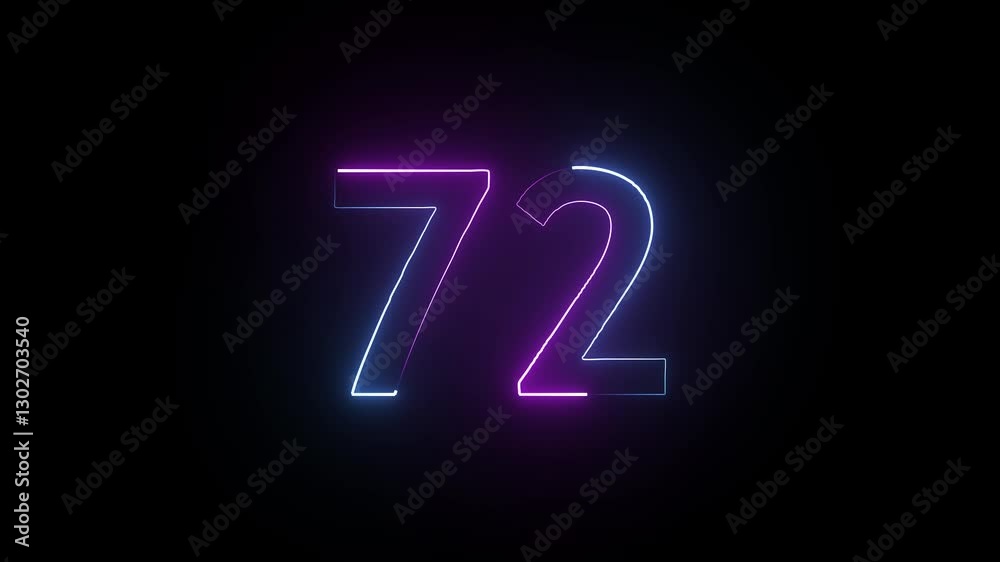 Abstract glowing neon text 72 number countdown icon. Educational mathematics 72 animation on black background. Abstract glowing neon text 72 number countdown icon. Educational mathematics 72 animation on black background.