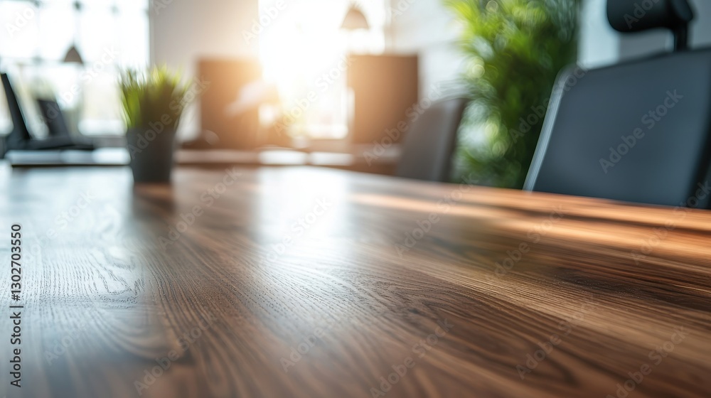 Fototapeta premium Sunlight streaming through the office window highlights a polished wooden table in a modern workspace filled with greenery and technology