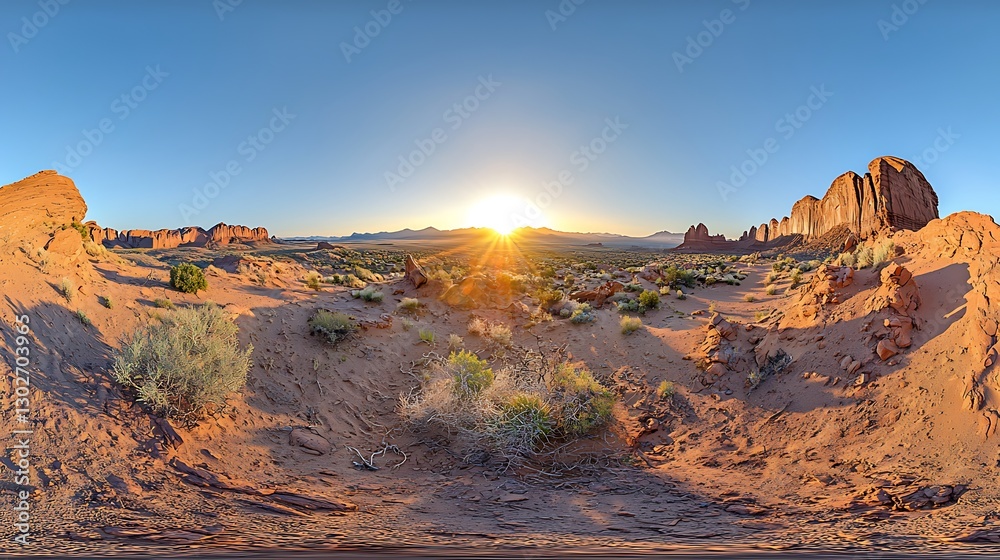 Naklejka premium Sunrise in a desert landscape, wide view. For tourism, panorama views
