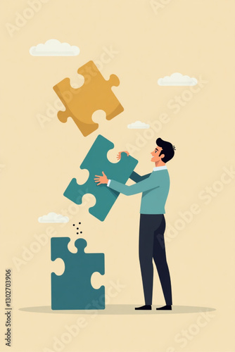 Entrepreneur Assembling Final Piece of Puzzle to Achieve Business Goal and Complete Project