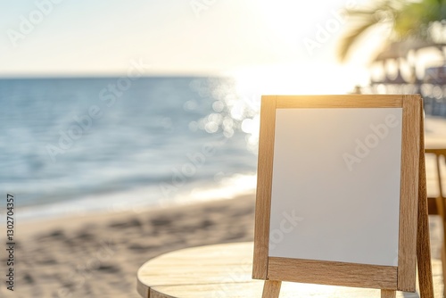 Blank canvas on easel at sunny beach setting photo