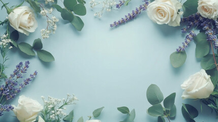 A dreamy flower frame with delicate lavender sprigs, white roses, and eucalyptus leaves, arranged in a flowing, organic pattern around a light blue background