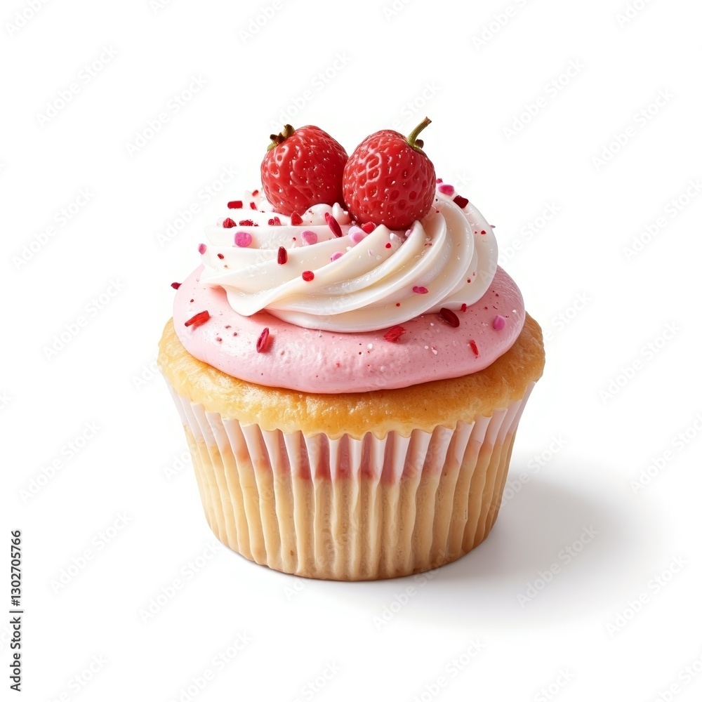 Cupcake with pink frosting and strawberries on white background