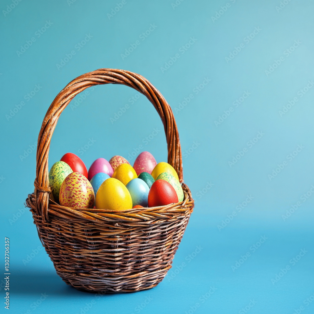 A festive Easter basket filled with colorful eggs, set against a lively blue background, leaving room for creative text placement. A festive Easter basket filled with colorful eggs, set against a lively blue background, leaving room for creative text placement.