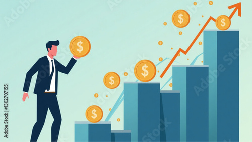 Investor pushing money into rising profit graph, concept of financial investment and income growth