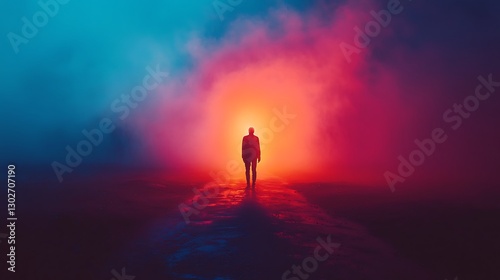 Silhouette of person walking towards a bright red and blue illuminated fog tunnel background