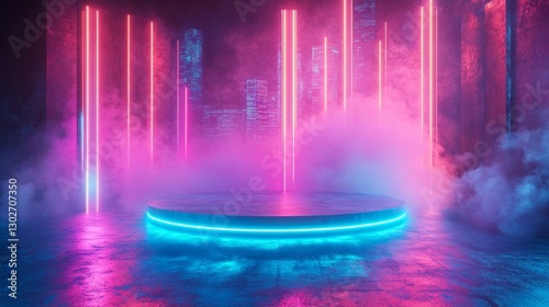 Wallpaper Mural Empty podium with a glowing cybernetic skyline in the background, surrounded by neon lights and digital fog Torontodigital.ca