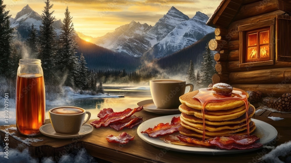 Fototapeta premium Cozy Winter Breakfast Scene with Pancakes and Bacon by Cabin