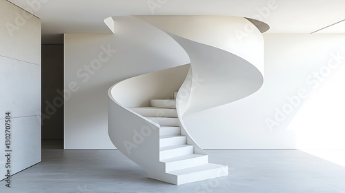 White spiral staircase in modern room; minimalist interior design element for architecture