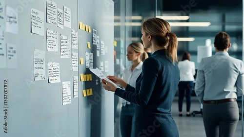 Efficient teamwork and collaboration in modern office women brainstorming ideas on sticky notes during focused discussion with colleagues.