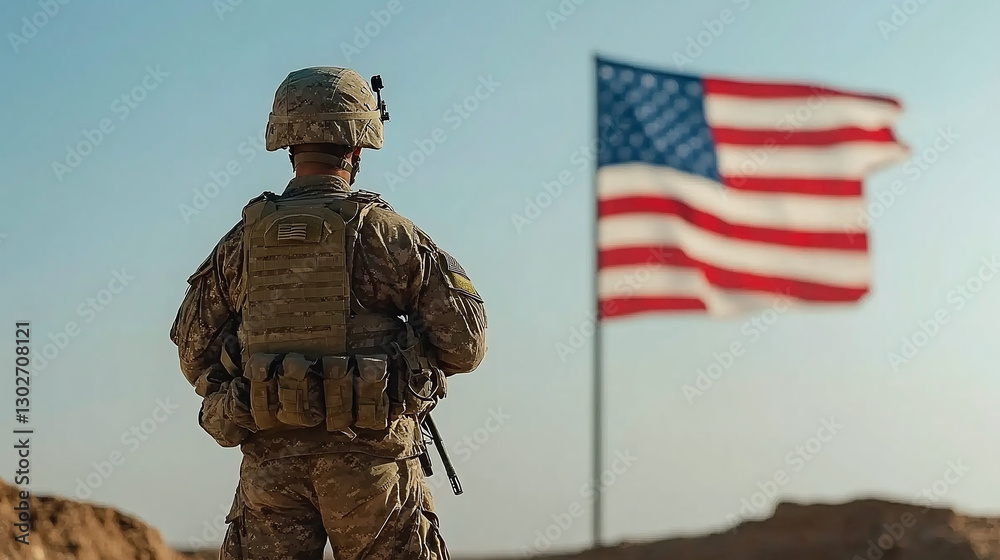 Soldier stands at attention with the American flag blowing in the background. Patriotism, service, and sacrifice are all represented in this image. Soldier stands at attention with the American flag blowing in the background. Patriotism, service, and sacrifice are all represented in this image.