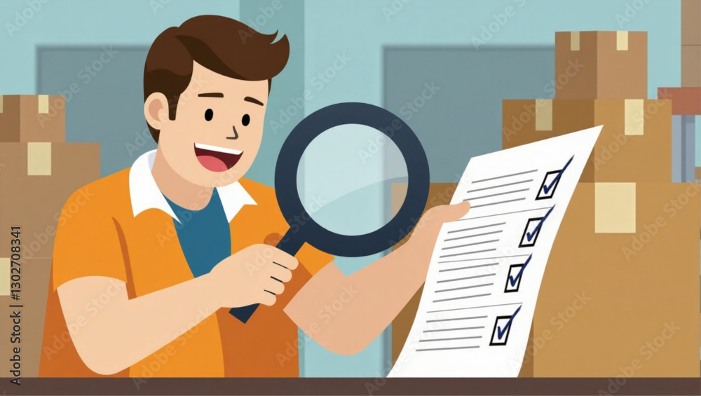 Man Inspecting Boxes with Magnifying Glass and Checklist, Concept of Product Quality Control and Inspection Man Inspecting Boxes with Magnifying Glass and Checklist, Concept of Product Quality Control and Inspection