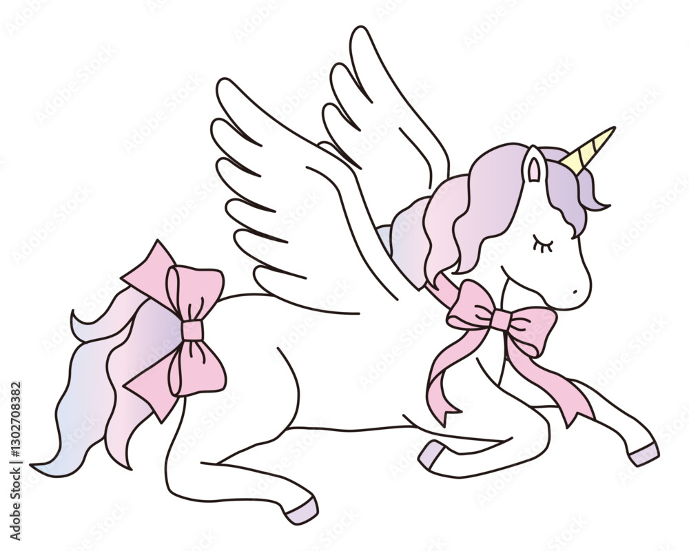 Fototapeta premium リボンをつけたかわいいユニコーンのベクターイラスト。馬、羽根、動物、ドリーミー、ペガサス、線