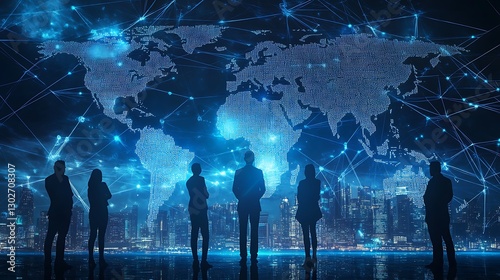 Silhouetted business team observing interconnected global digital network over a city skyline