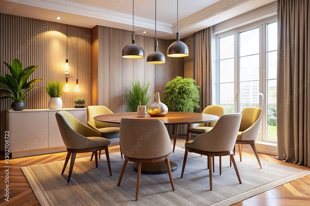 Fototapeta premium Modern Minimalist Dining Room: Round Table, Elegant Chairs, Pendant Light