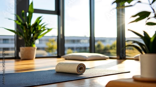 Serene yoga studio with rolled mat, plants, and bright sunlight streaming through windows