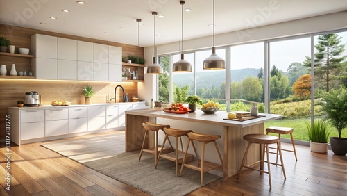 Wallpaper Mural Modern Minimalist Kitchen: Open Plan Home Interior with Large Window & Breakfast Bar Torontodigital.ca