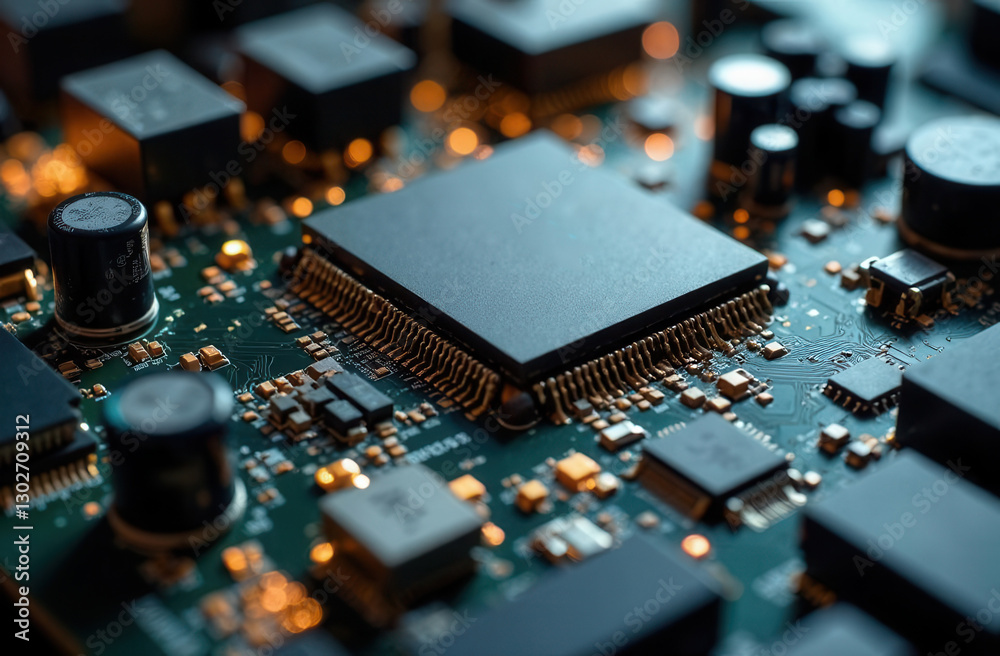 Close-up of electronic circuit board with microchip and components in focus Close-up of electronic circuit board with microchip and components in focus