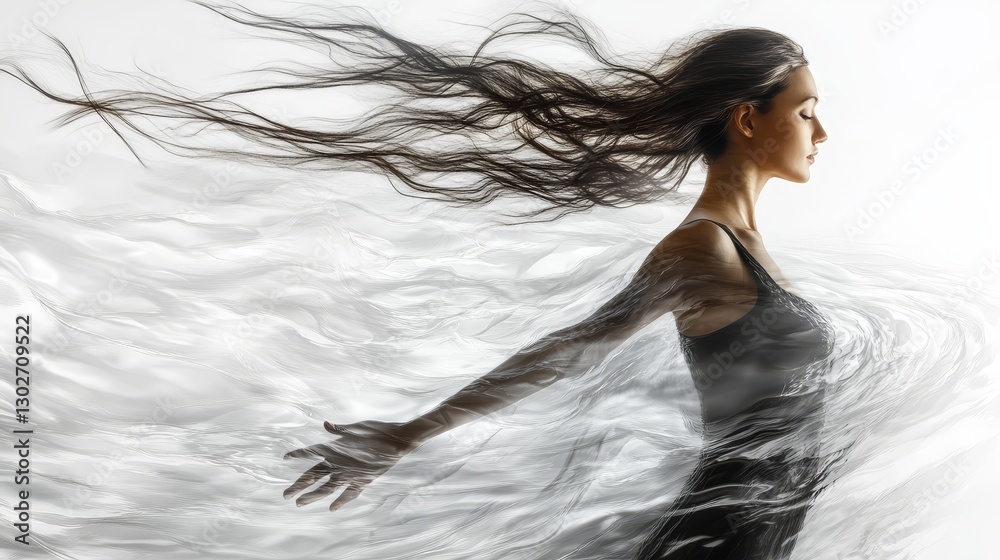 Fototapeta premium Ethereal Woman with Flowing Hair and Motion in a Dreamlike Atmosphere