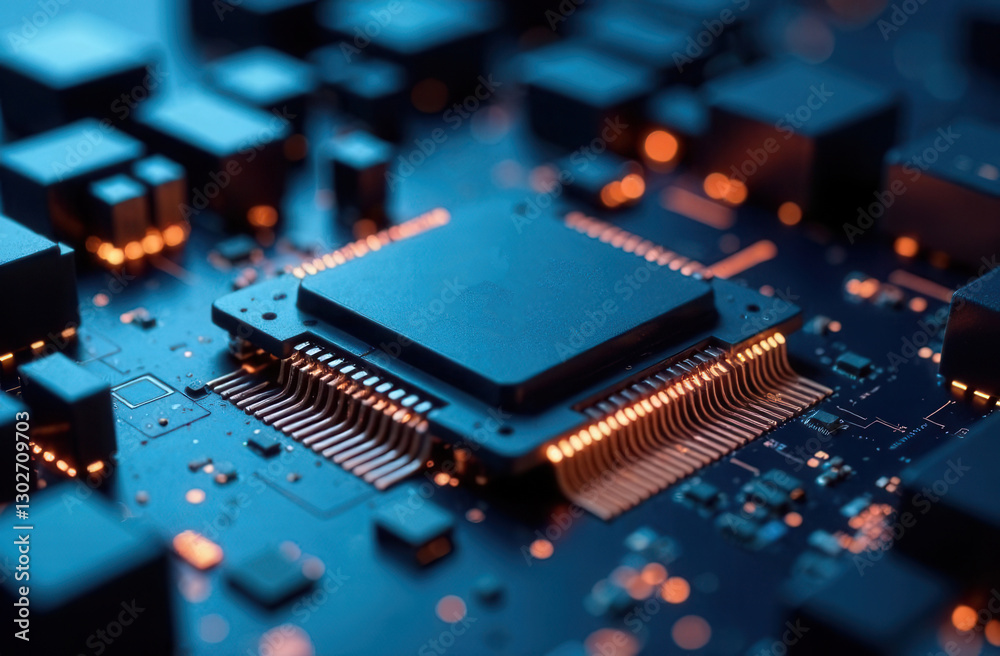 Close-up of modern microchip on circuit board with glowing elements Close-up of modern microchip on circuit board with glowing elements