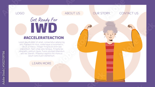 IWD 2025 Illustration of a confident senior woman with gray hair and casual clothing flexing her arms in celebration of International Women's Day. Empowerment and strength concept
