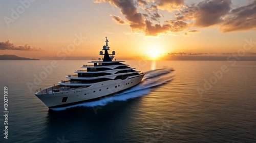 Luxury yacht cruising on calm waters at sunset, showcasing serene ocean and distant islands