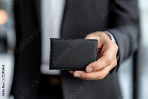 Caucasian male adult holding black leather wallet in suit