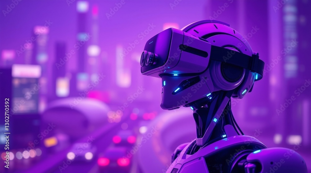 Futuristic robot wearing a VR headset stands against a neon cityscape, blending technology and urban vision in a cyberpunk dreamscape. Futuristic robot wearing a VR headset stands against a neon cityscape, blending technology and urban vision in a cyberpunk dreamscape.