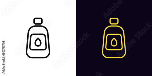 Outline oil bottle icon, with editable stroke. Bottle with drop icon, natural vegetable oil. Organic plant seed oil, liquid vegetable fat, vial with natural seed milk, vegetarian food. Vector icon